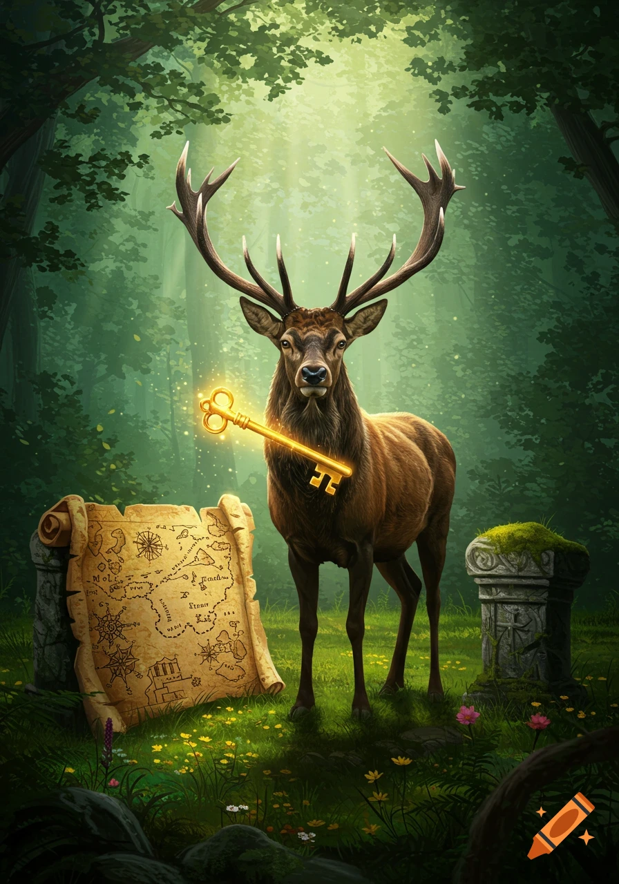 An elk stands in a sunlit forest holding a glowing golden key, with an old pirate map on the ground beside it.