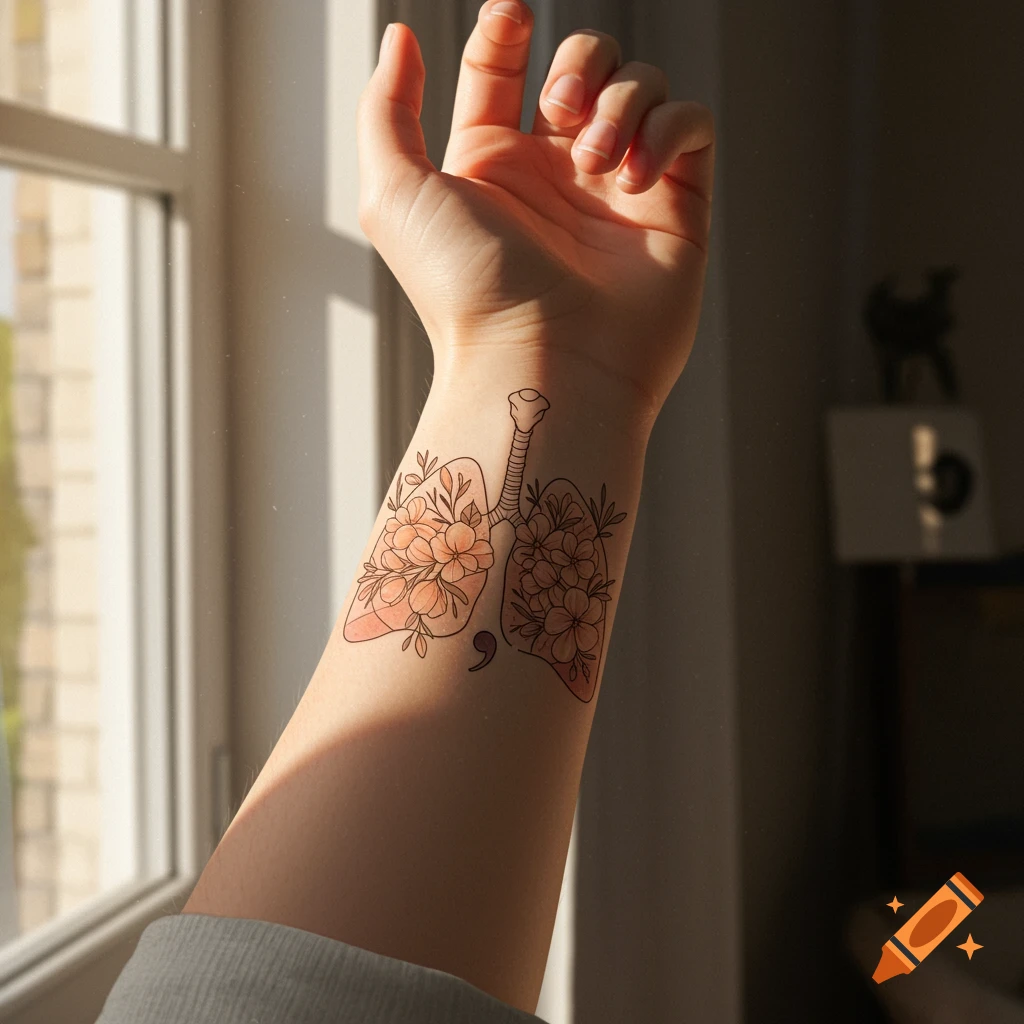 A forearm with a tattoo depicting floral lungs and a semicolon, bathed in sunlight near a window.