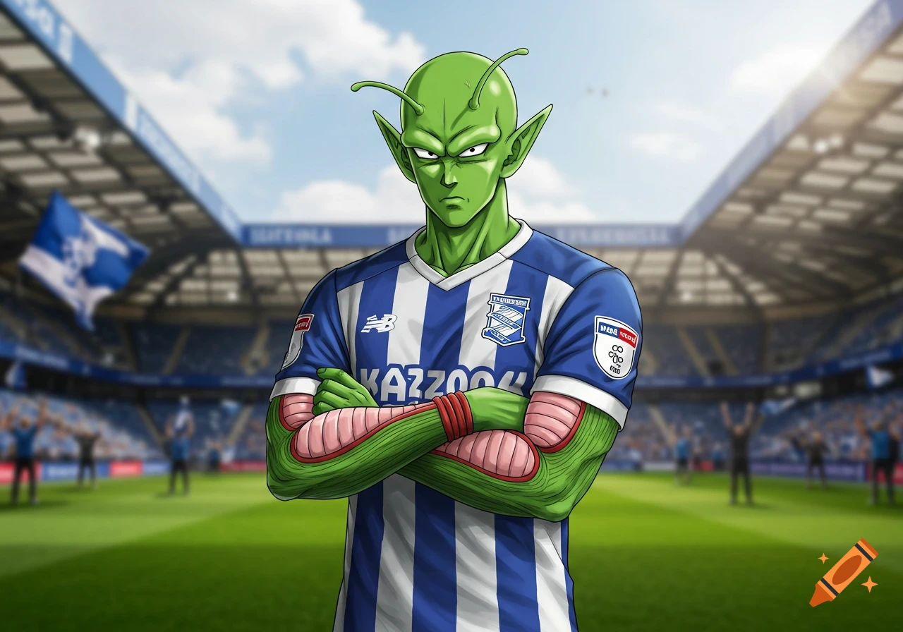 Piccolo from Dragon Ball stands confidently in a blue and white striped Birmingham City football shirt inside a sunny stadium.