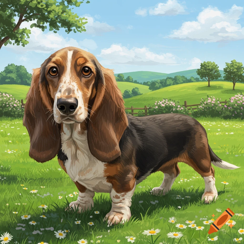 A tri-color basset hound dog with long ears stands in a sunny green field with daisies, trees, and hills in an illustrated style.