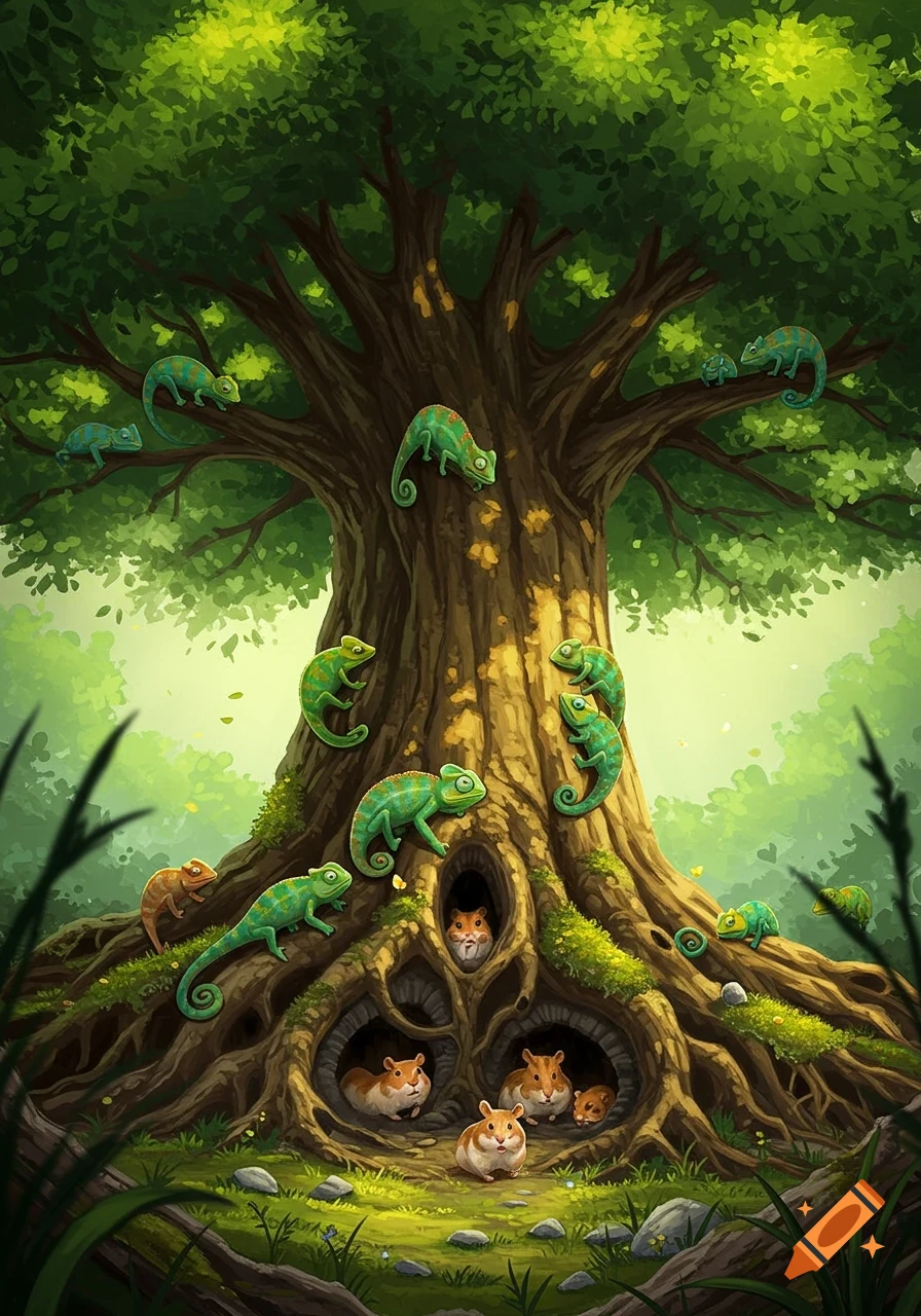 Stylized illustration of a large tree with green chameleons climbing its trunk and hamsters in its roots, set in a lush forest.