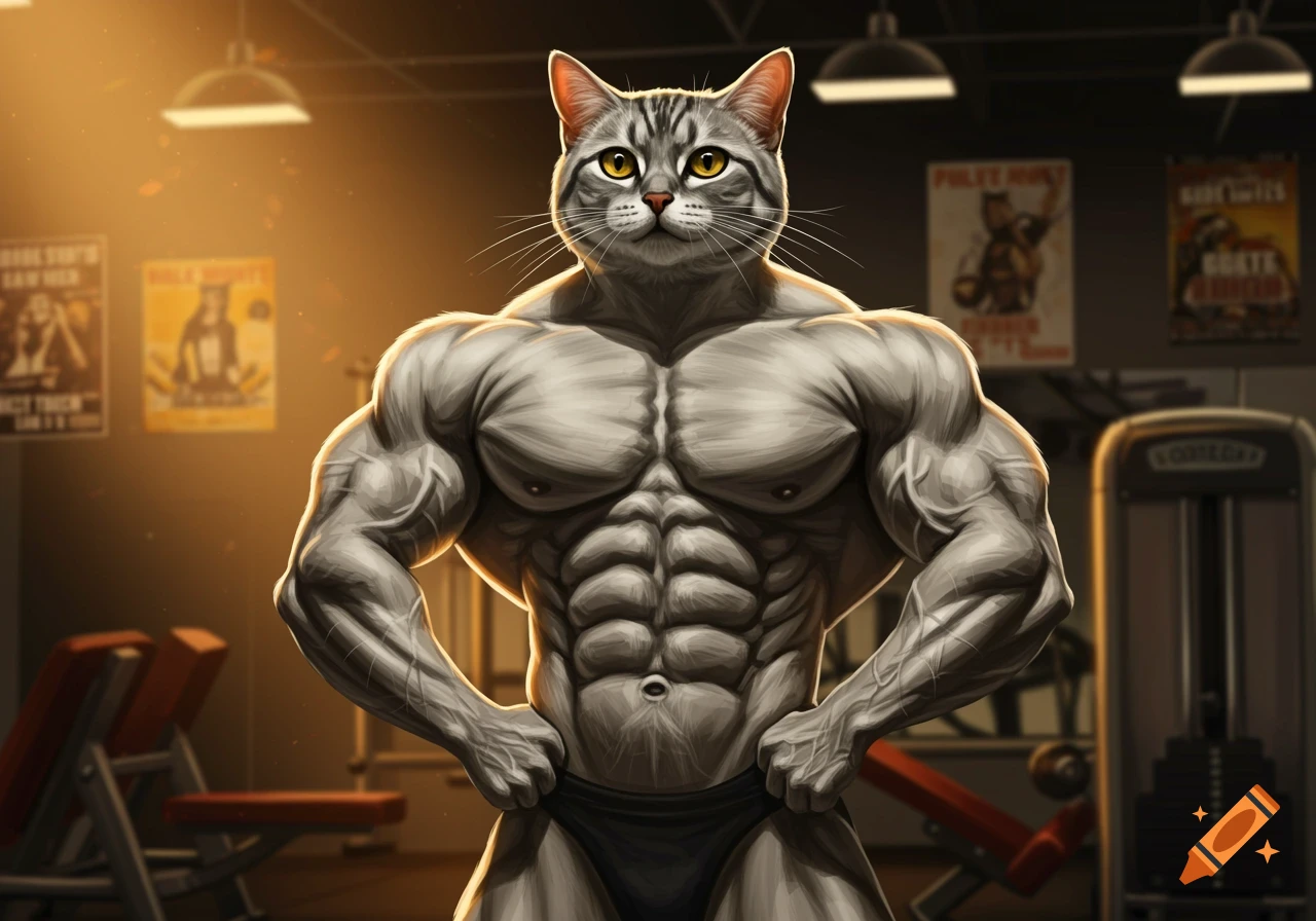 A very muscular, anthropomorphic gray tabby cat posing in a dimly lit gym, with strong lighting on its physique.