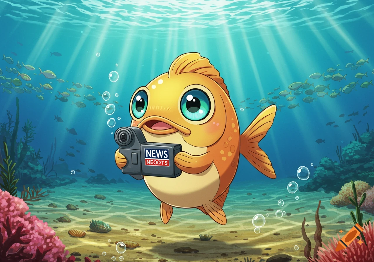 An adorable anime-style goldfish with large eyes holds a video news camera underwater, with rays of light streaming through the water.