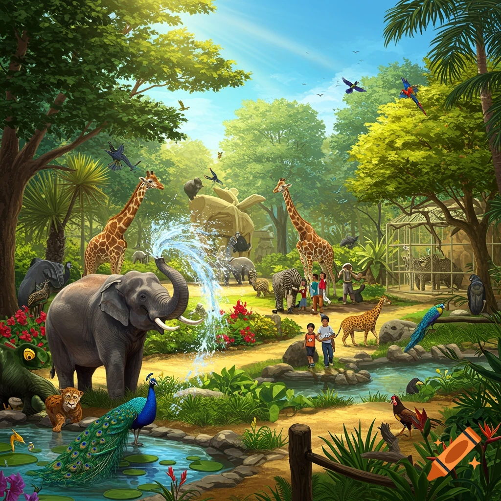 A vibrant zoo scene with an elephant spraying water, giraffes, zebras, peacocks, lions, and children amidst lush trees and a stream.