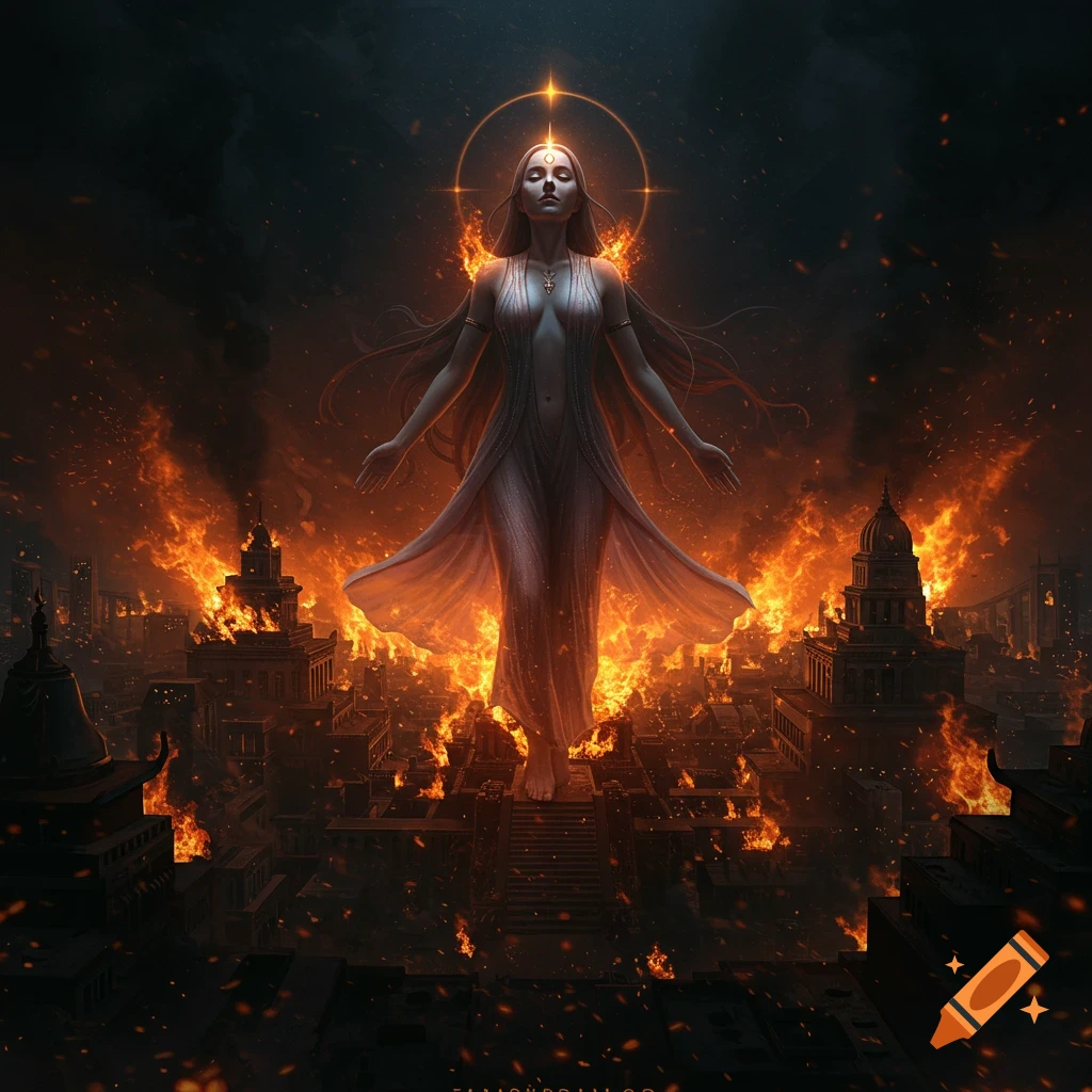 A divine woman with a glowing halo floats above a burning city, wearing flowing robes amidst flames and smoke over ancient and modern architecture.