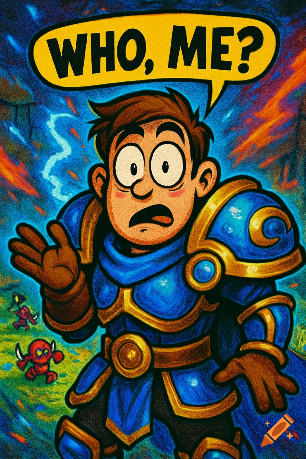 A cartoon warrior in blue and gold armor with a surprised expression and wide eyes. A speech bubble above his head says 'WHO, ME?'. Small red demons are in the background in a comic book style.