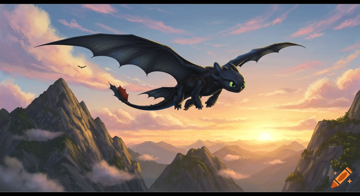 Toothless, a black dragon, flies majestically over a rugged mountain range at sunset with a vibrant sky.