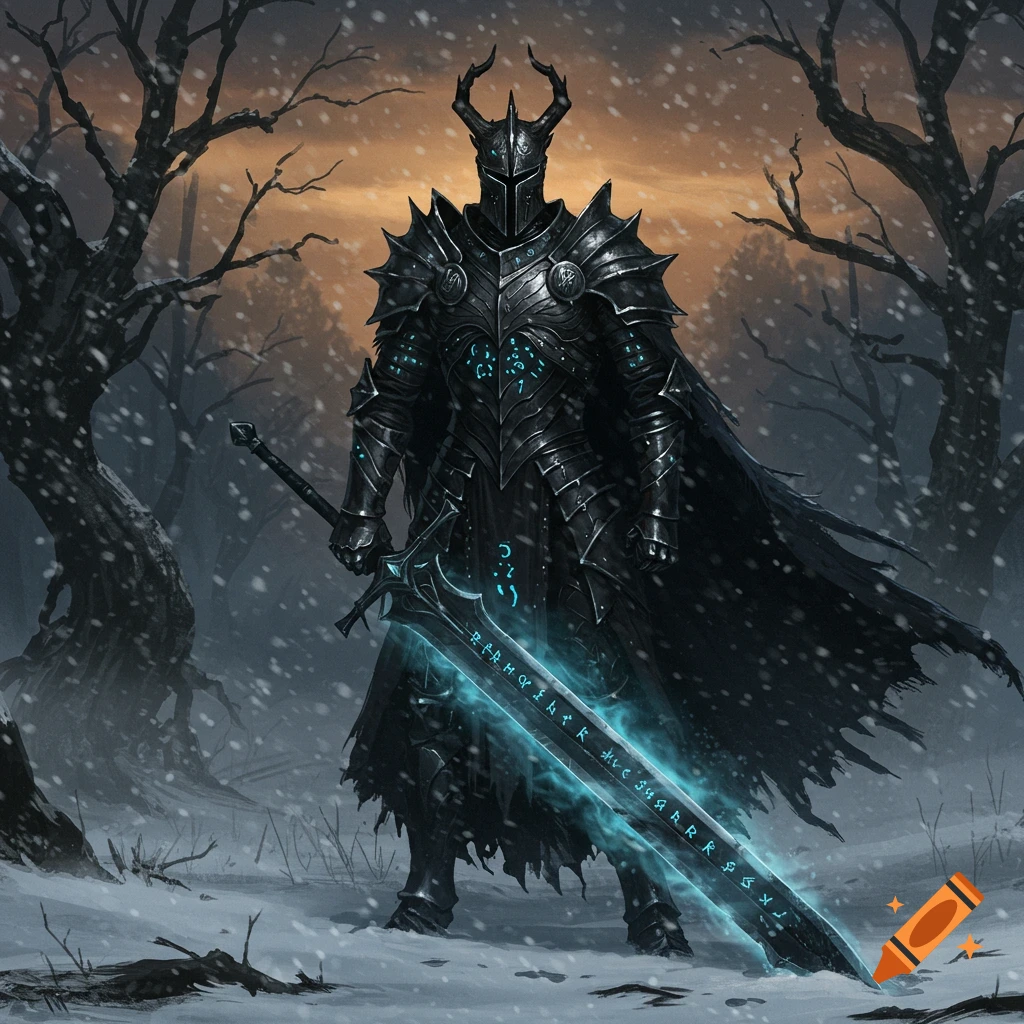 A dark fantasy knight in ornate black armor with a horned helmet and a glowing blue sword stands in a snowy, desolate forest at dusk.