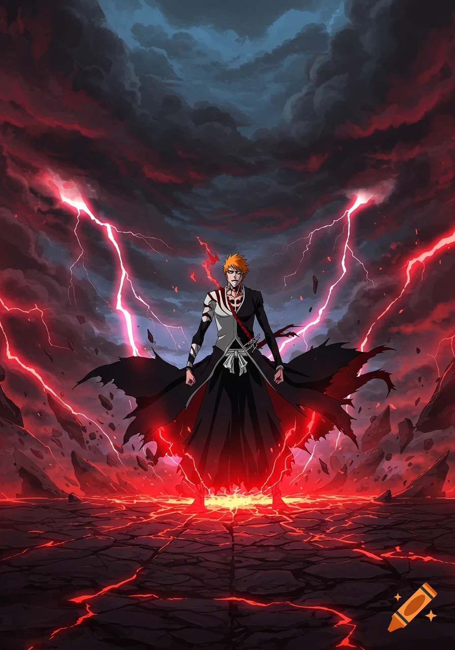 Anime character Ichigo Kurosaki standing powerfully in a red lightning storm with fiery ground and dark clouds.