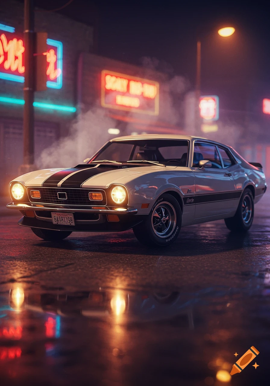 A white 1971 Grabber Maverick, a classic muscle car, parked on a wet city street at night, with neon signs in the background and steam rising around it.