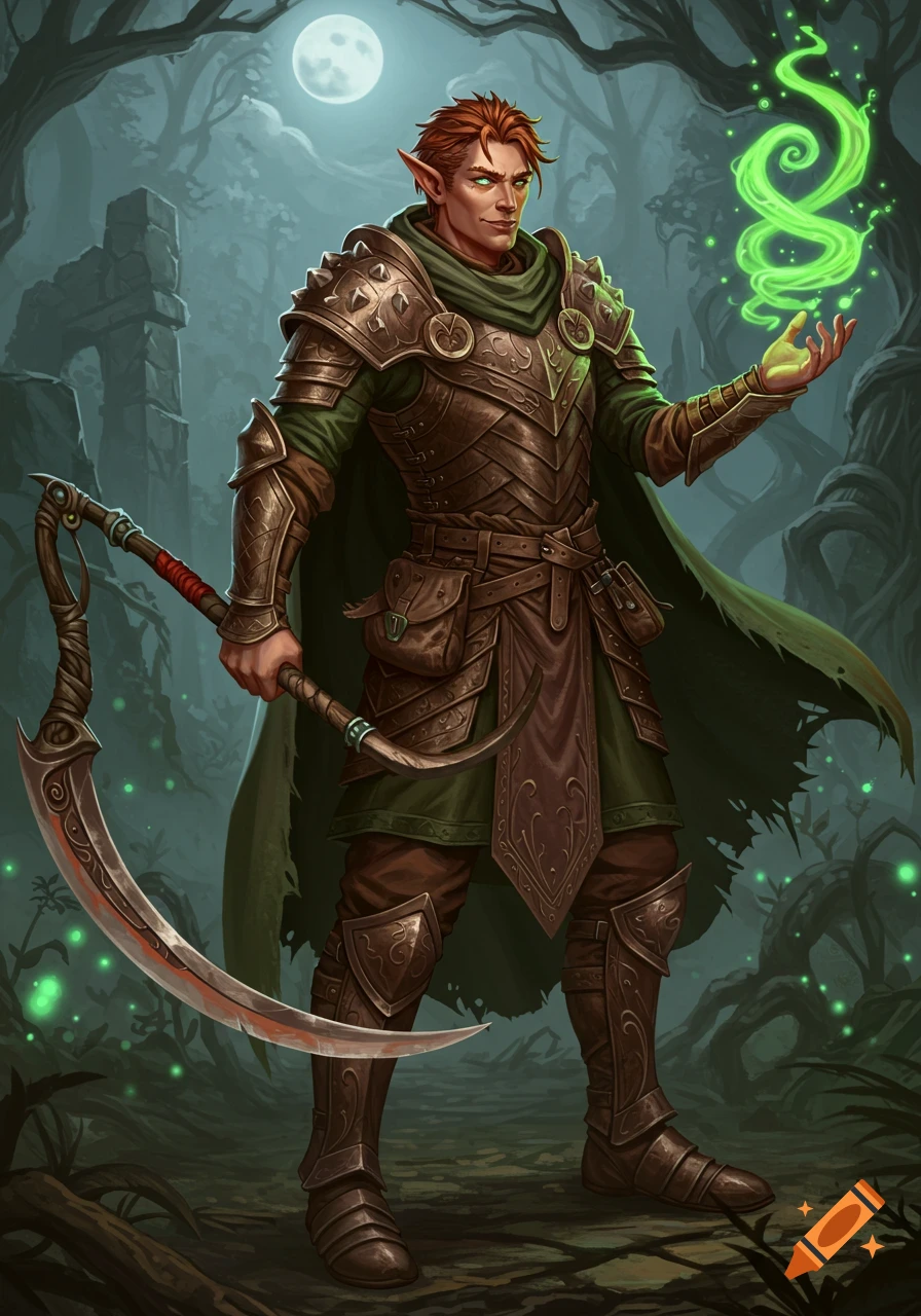 A red-haired fantasy elf or half-elf druid in intricate bronze armor holds a large scythe and casts a glowing green spell in a moonlit forest.