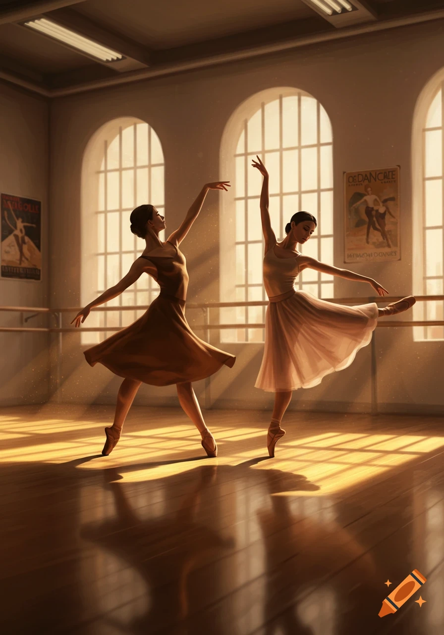 Two ballerinas practice in a sunlit dance studio with large arched windows and posters on the wall.