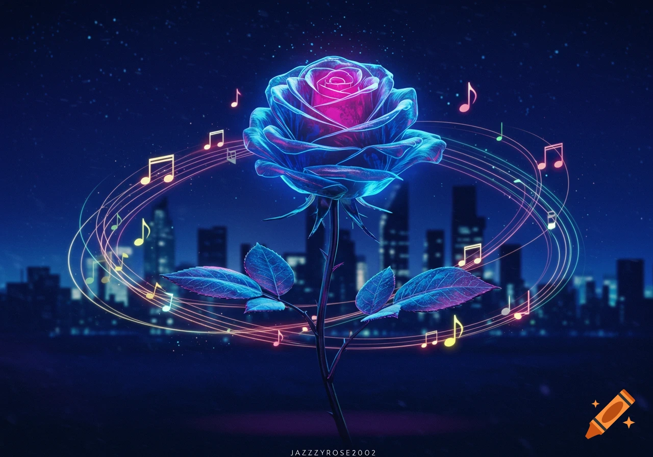 A glowing blue and pink rose with musical notes swirling around it, set against a blurred city skyline at night.