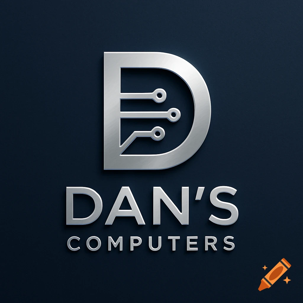 Silver metallic logo for Dan's Computers on a dark background, featuring a stylized 'D' with circuit board elements.