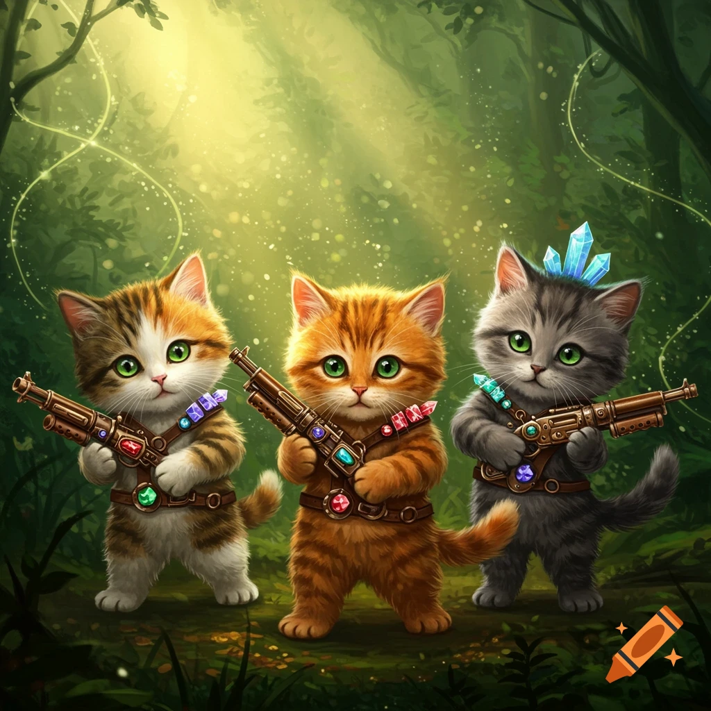 Three cute kittens holding crystal-adorned fantasy guns in a magical forest.