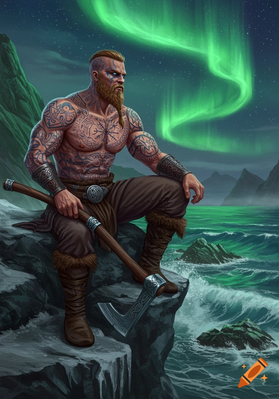 A muscular Viking warrior with intricate tattoos and an axe sits on a rocky cliff under the glowing green Northern Lights.
