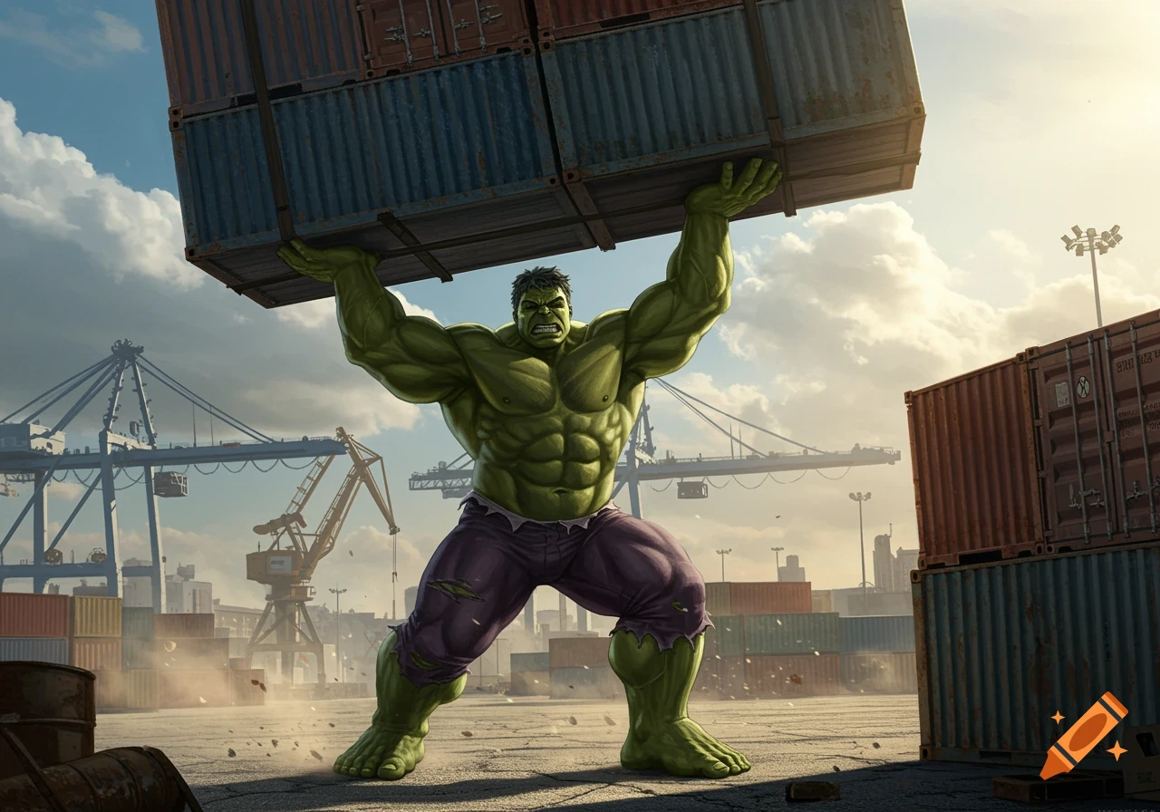 The Hulk, a green muscular superhero, lifts a stack of shipping containers overhead in a busy industrial port.