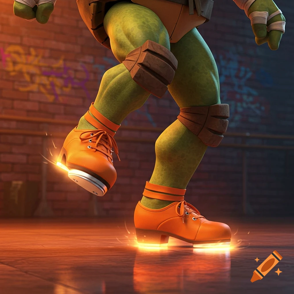 Close-up of a green cartoon turtle's legs wearing glowing orange tap shoes on a reflective floor with a brick wall background.