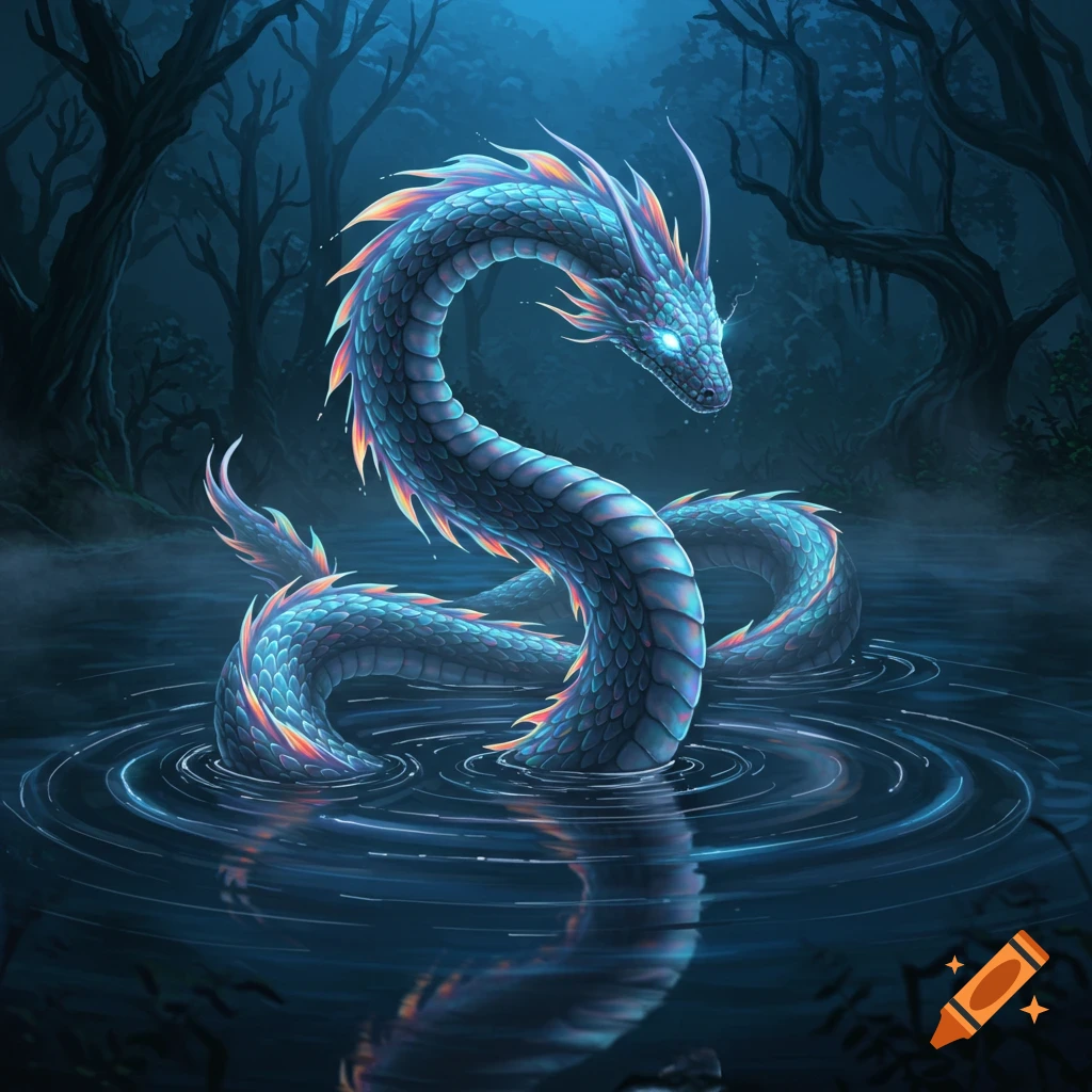A vibrant blue and orange mythical serpent with glowing eyes emerges from dark, rippling water in a gloomy forest.