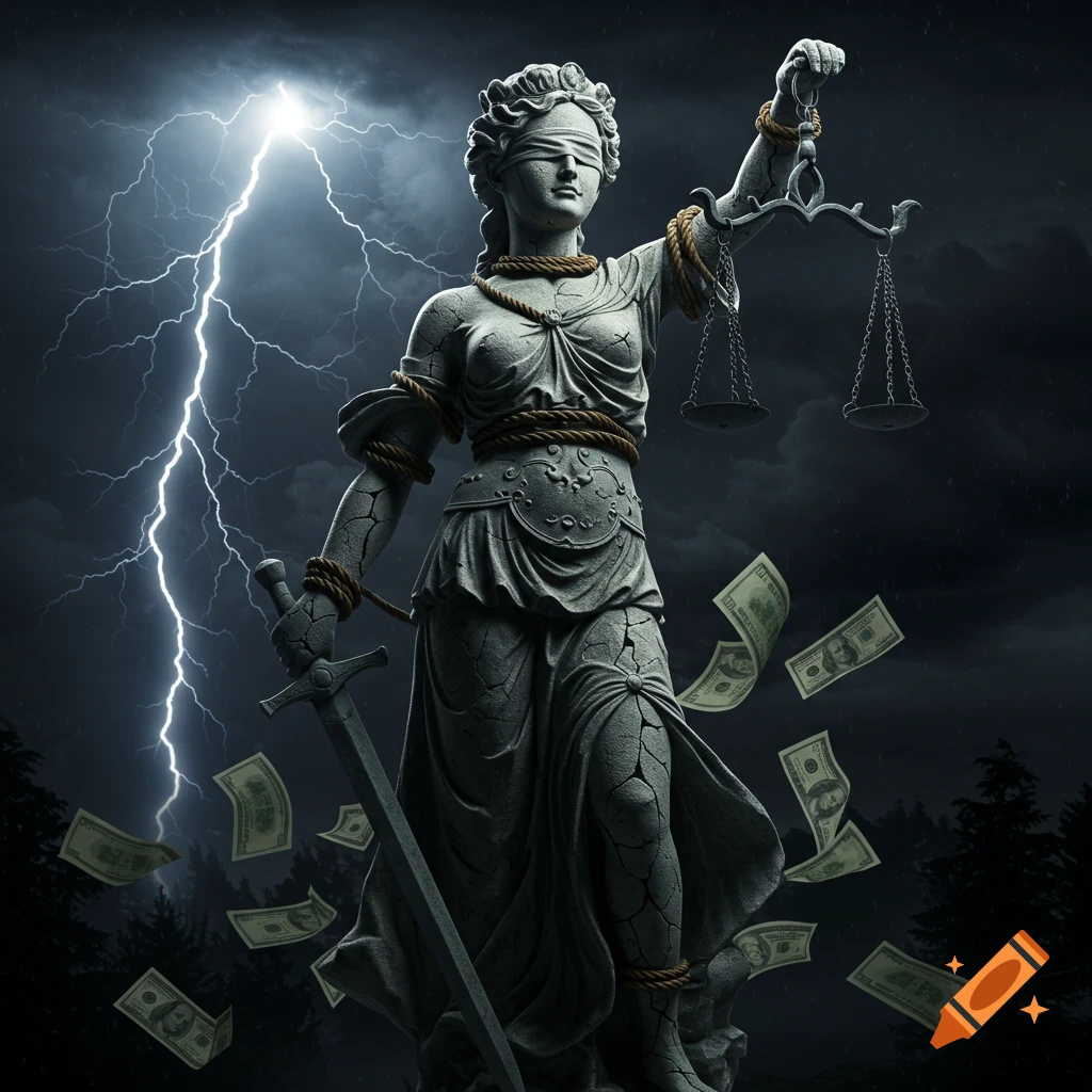 A photorealistic image of a cracking statue of Themis, blindfolded and tied with ropes, holding scales and a sword, with dollar bills flying around her and a bolt of lightning in a stormy night sky.