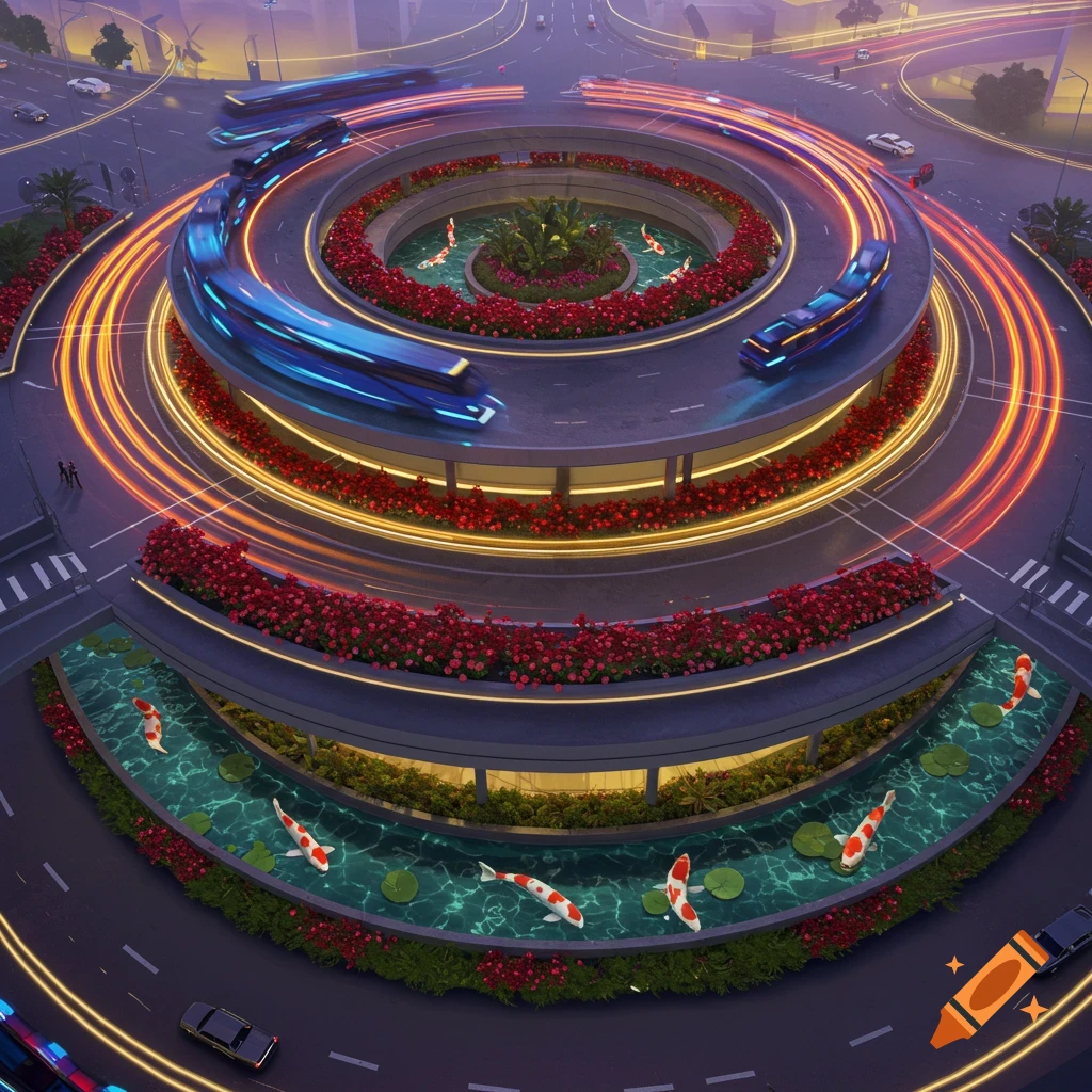 An aerial view of a multi-level futuristic roundabout with glowing vehicles, lush red flowers, and serene koi ponds.