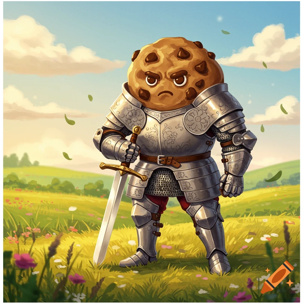 A grumpy, cartoonish chocolate chip cookie in silver armor holds a sword in a sunny, green field with wildflowers.