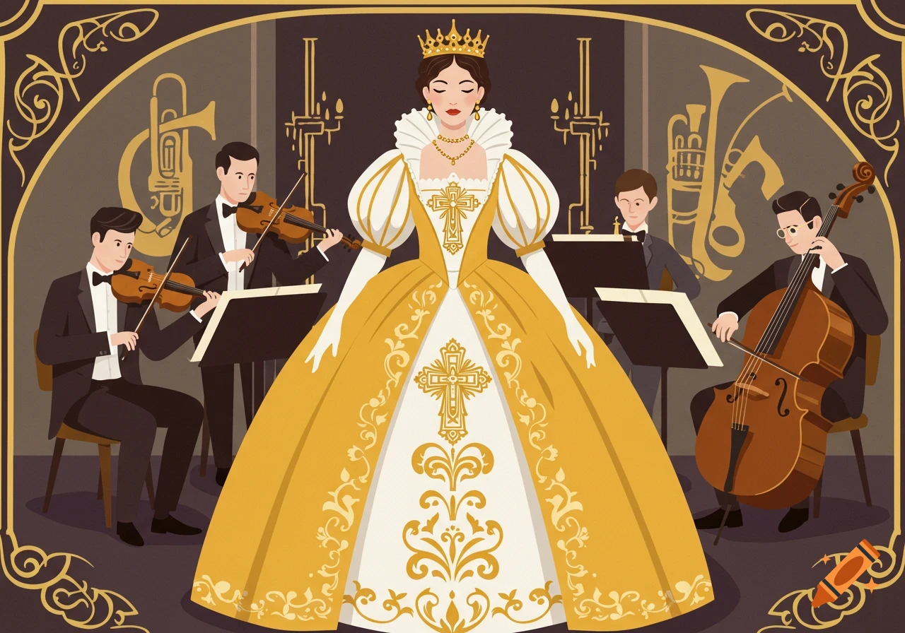 A stylized illustration of a queen in a gold and white dress with crucifix designs, standing before a classical music quartet playing instruments in a grand hall.