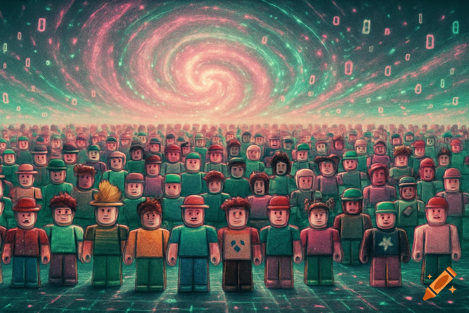 A large crowd of blocky, colorful figures resembling Roblox avatars stand under a glowing, swirling pink and green galaxy filled with floating zeros.