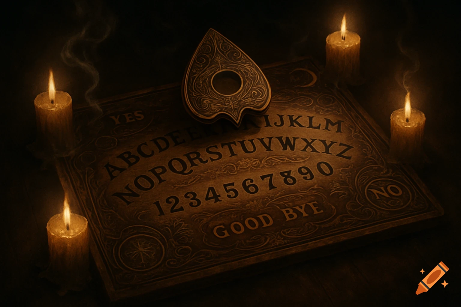 A detailed, photorealistic image of an antique Ouija board with a planchette, surrounded by four lit candles in a dark, mysterious setting.