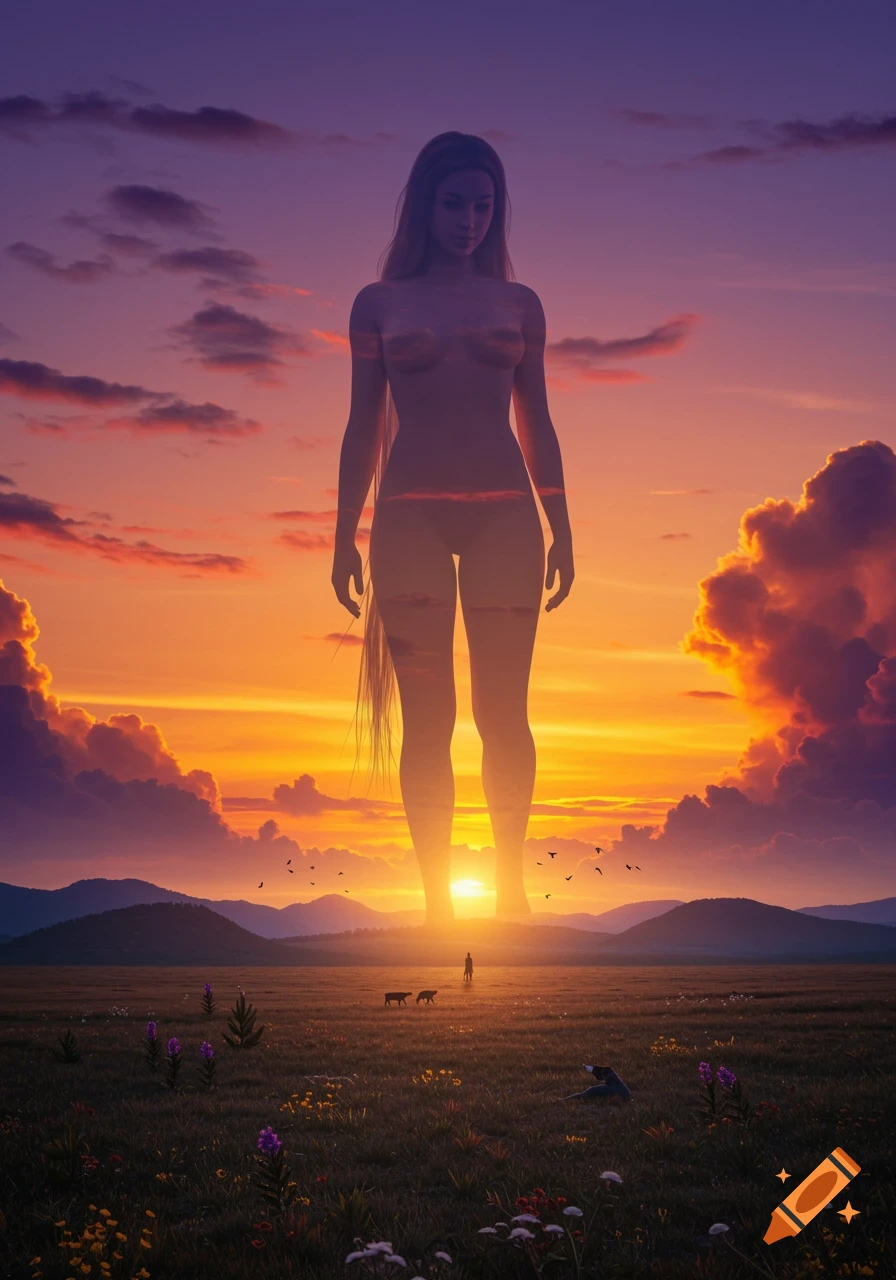 A towering, translucent woman stands silhouetted against a vibrant orange and purple sunset in a vast field with a small person and cows.