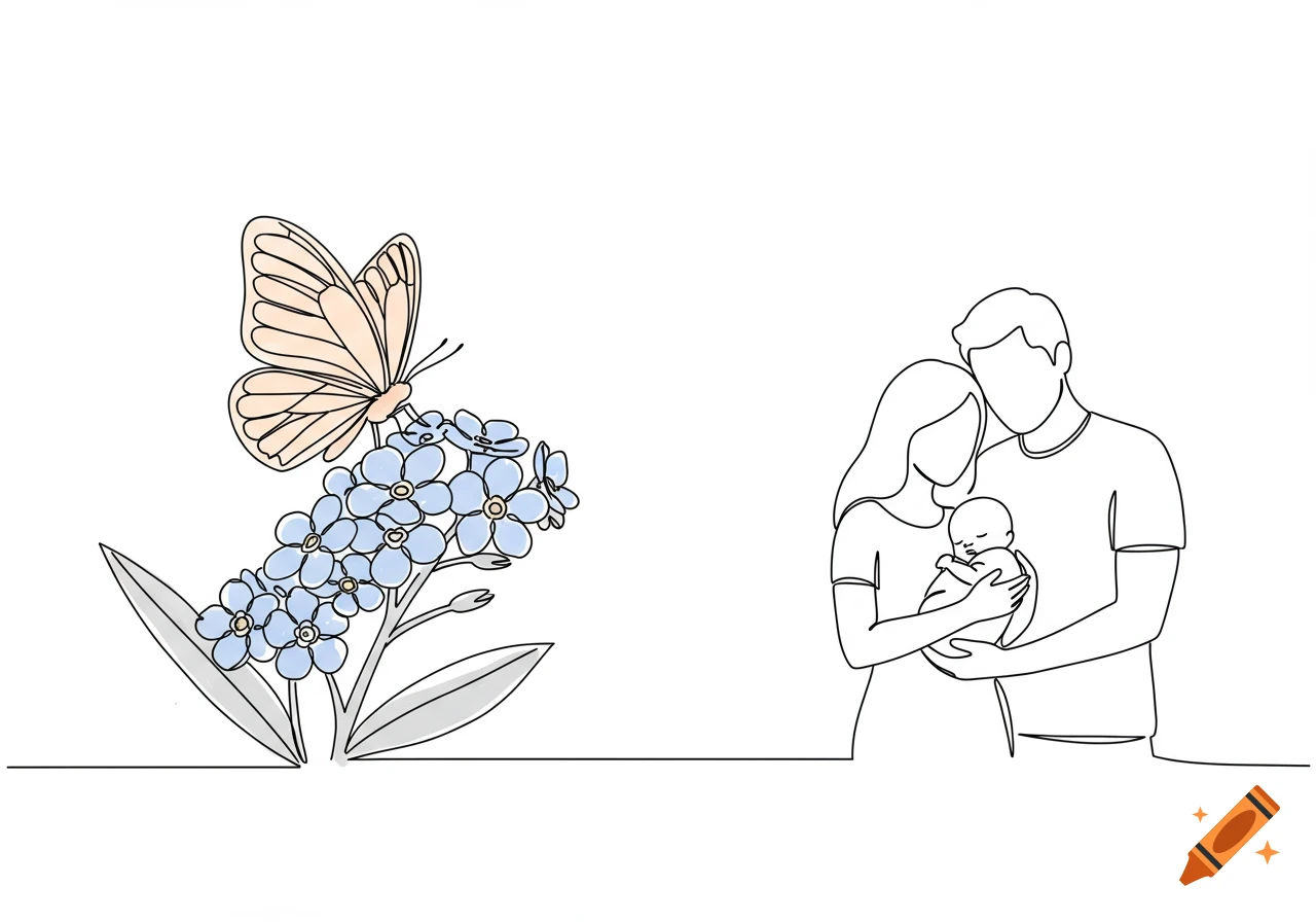 Single line drawing of a butterfly on forget-me-nots and a family holding a newborn baby.
