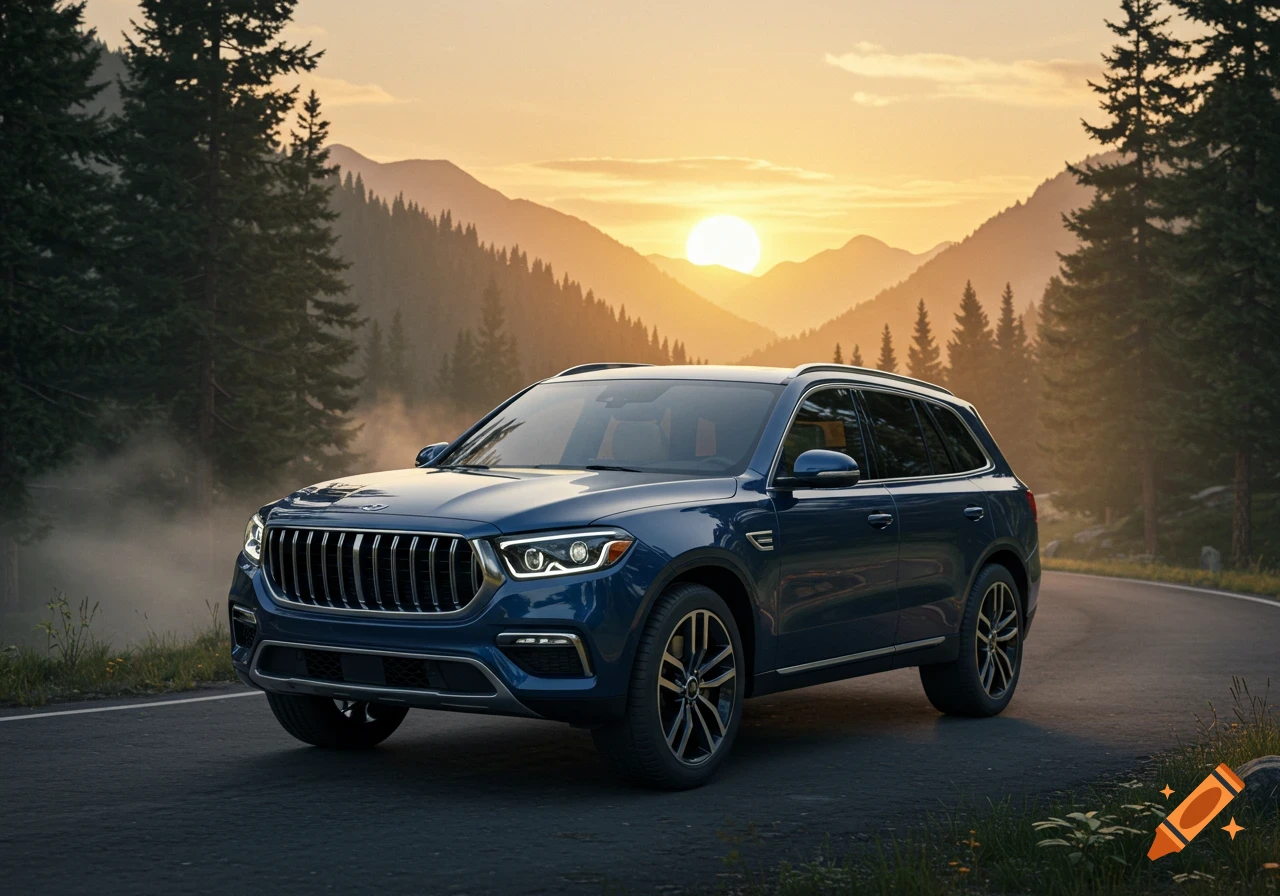 A blue SUV parked on a winding mountain road at sunset, with pine trees and hills in the background.
