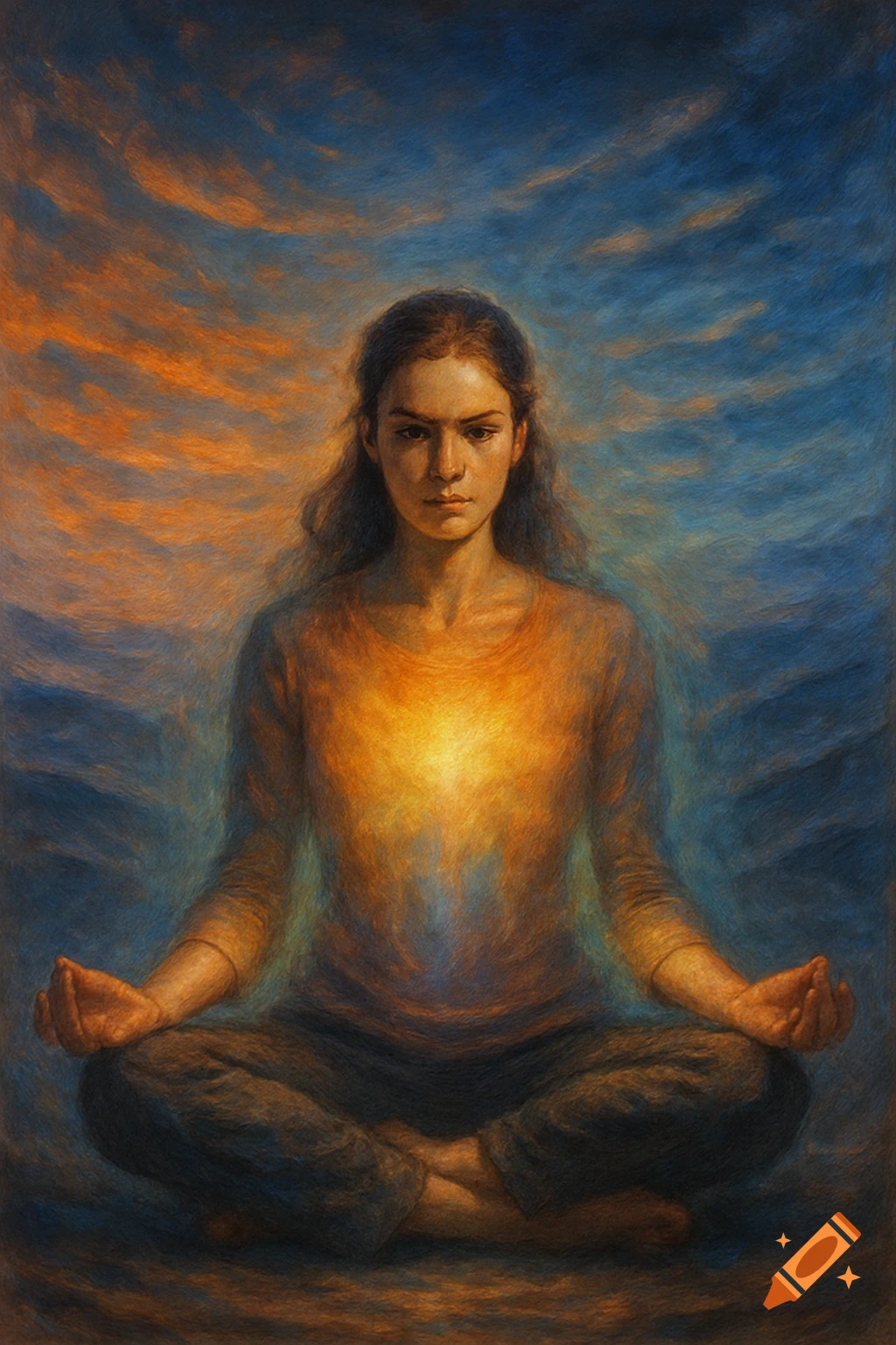 A woman in a meditative pose with a glowing chest, surrounded by swirling orange and blue clouds in a painterly style.