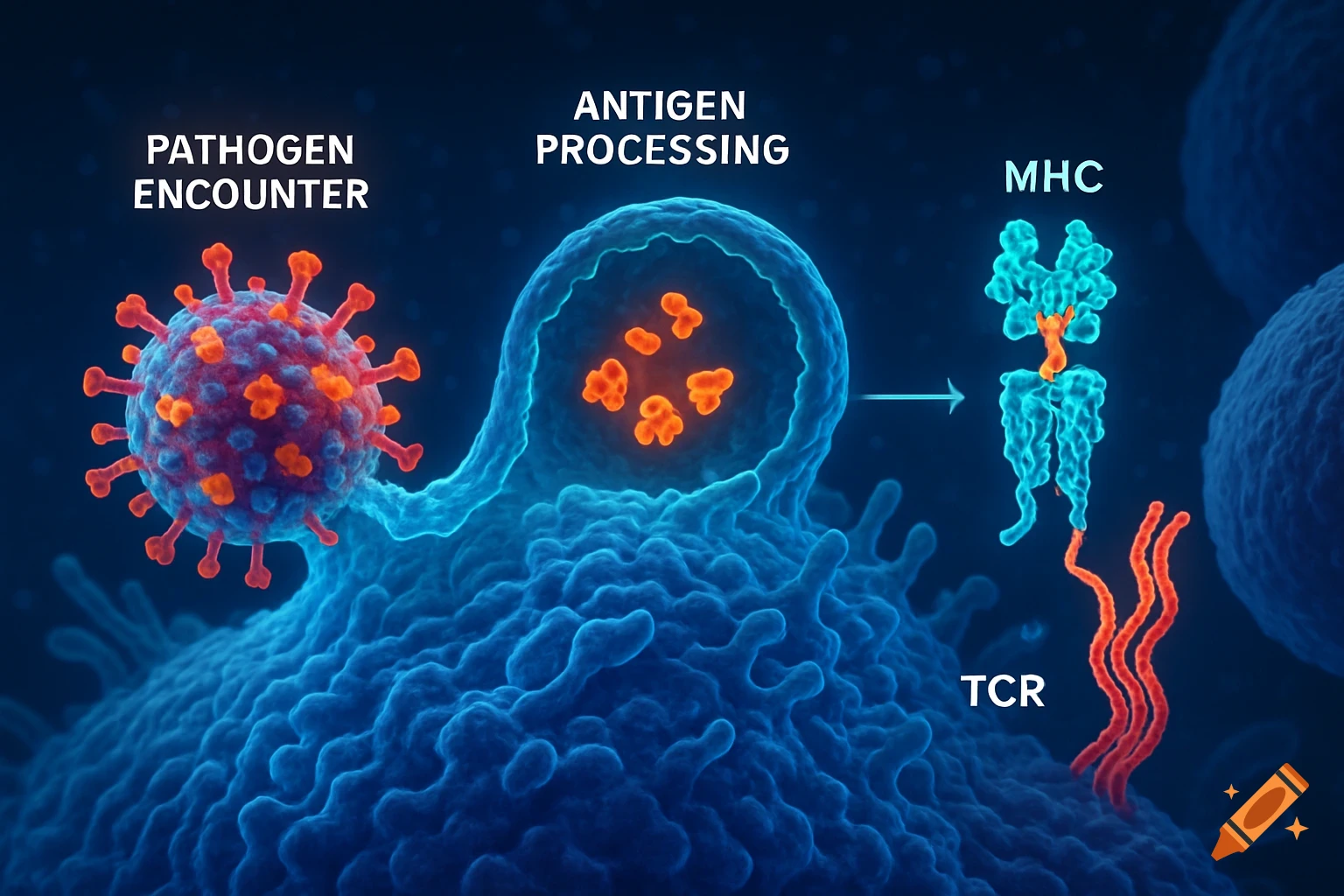 A detailed biological illustration of a pathogen encountering a cell, with labels for Antigen Processing, MHC, and TCR.
