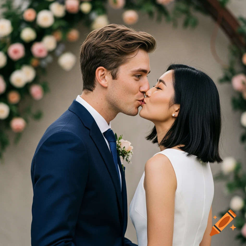 A man in a suit and a woman in a white dress kissing at a wedding with a floral arch in the background, photorealistic style.