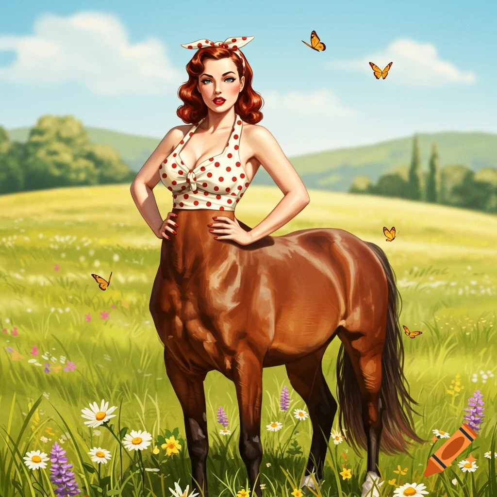 A red-haired female centaur in a polka dot top stands in a field of flowers and butterflies, in 50s pin-up art style.