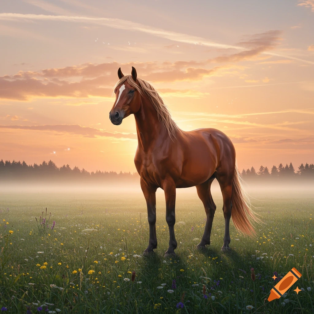 A brown horse with a blonde mane and white blaze stands in a misty field of wildflowers during sunrise or sunset.