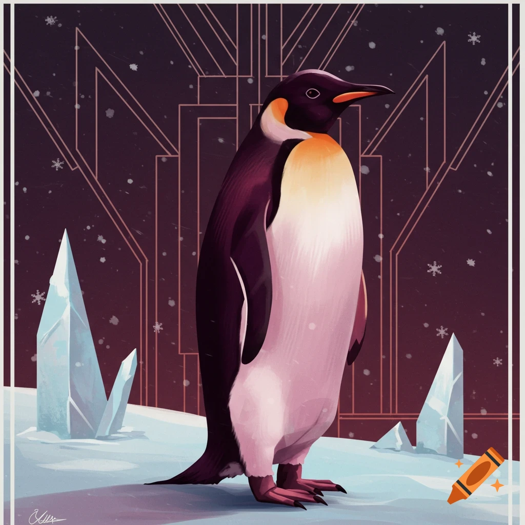 An illustrated emperor penguin stands on snow with ice shards, set against a dark purple Art Deco background with falling snow.