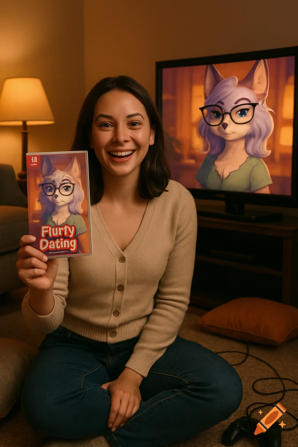 A smiling young woman sits on the floor, holding a video game box titled 'Flurty Dating' featuring a furry character, with a TV displaying the same character in the background.