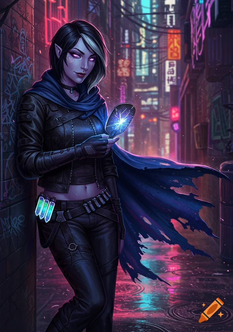 A mysterious female elf-like character with glowing violet eyes, black and white hair, and a leather jacket leans against a graffiti-covered wall in a neon-lit cyberpunk alley, holding a glowing, cracked mirror.