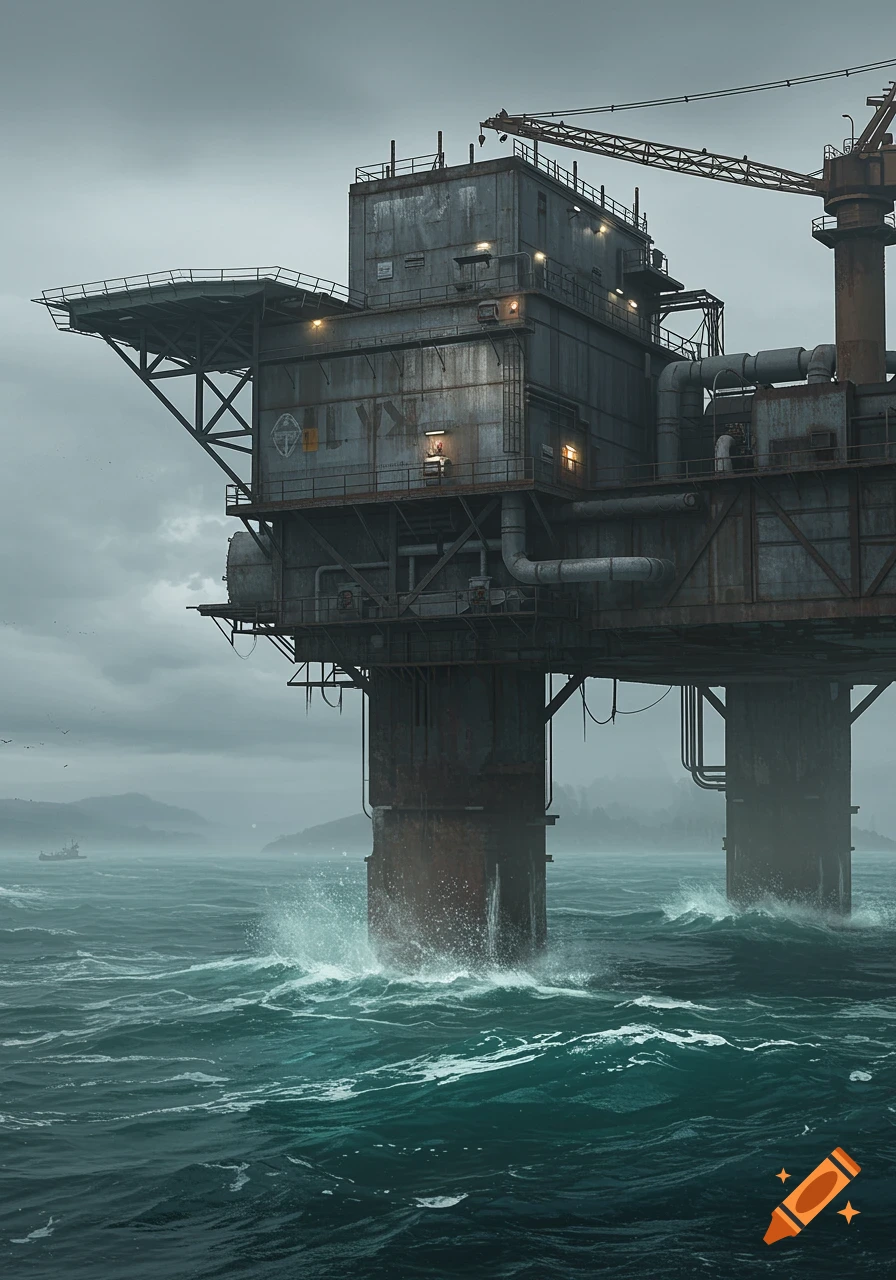 A large, dark industrial oil rig stands in a stormy, choppy sea under a grey sky, with waves crashing against its rusted base.