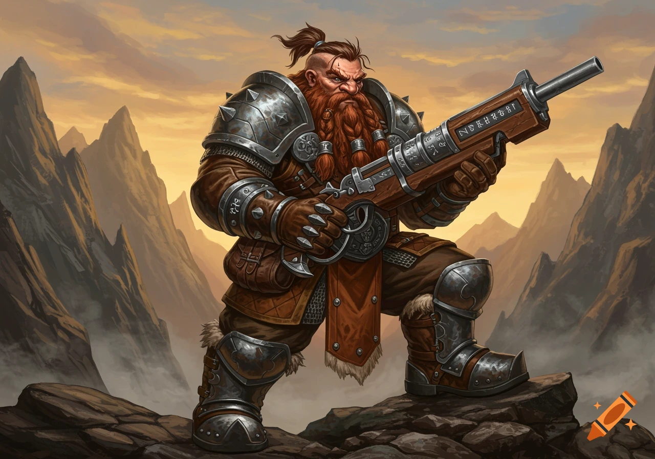 A heavily armored fantasy dwarf with a braided red beard and mohawk, gripping a large wooden handcannon, stands on rocks in a mountainous landscape under a sunset sky.