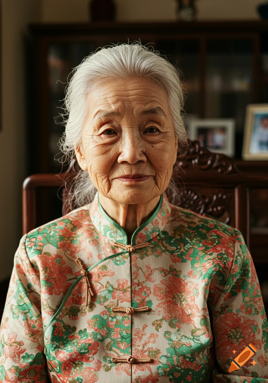 Photorealistic portrait of an elderly Asian woman with white hair, wearing a green and orange floral traditional top.