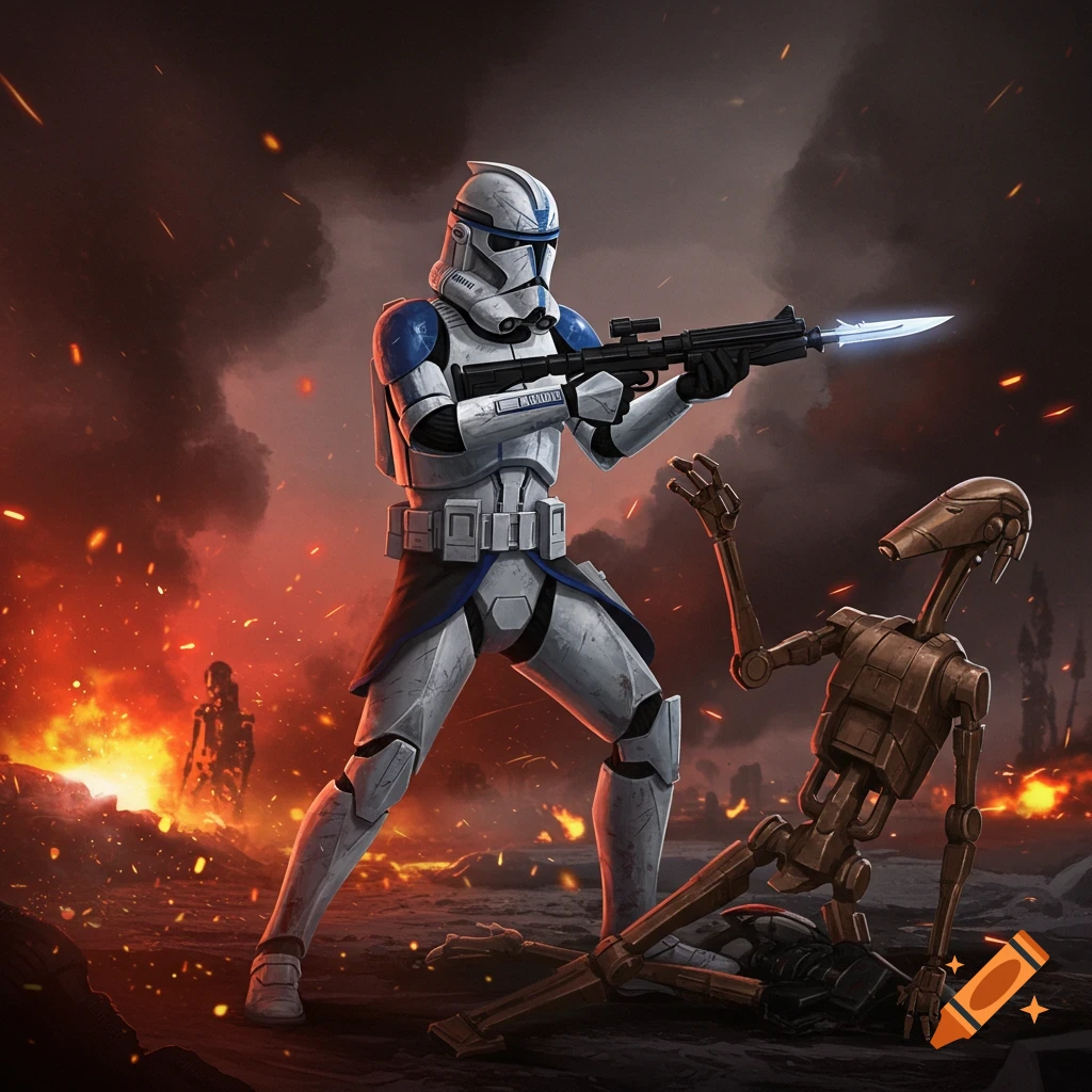 A white and blue clone trooper aims a rifle with a glowing bayonet at a defeated brown battle droid on a fiery battlefield.