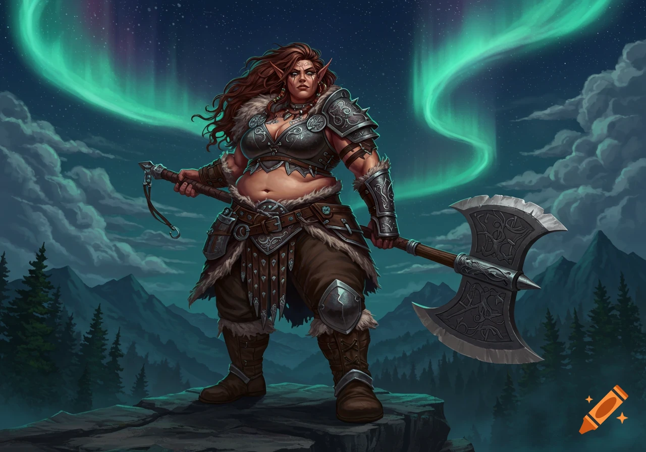 A plump female half-elf barbarian in armor, holding an axe and a small crossbow, stands on a rocky mountain under an aurora-lit night sky.