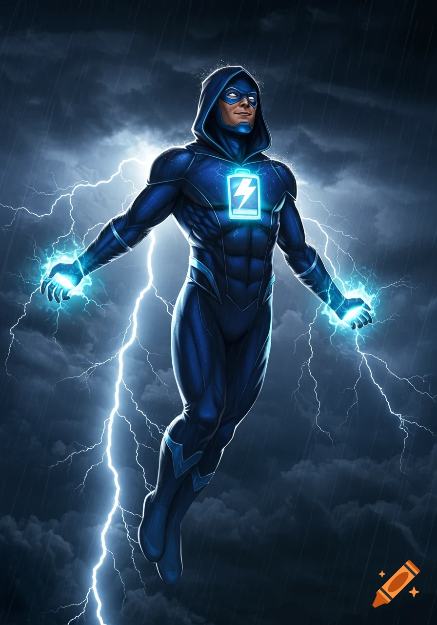 A male superhero in a blue suit with a battery emblem and glowing hands flies through a lightning storm.