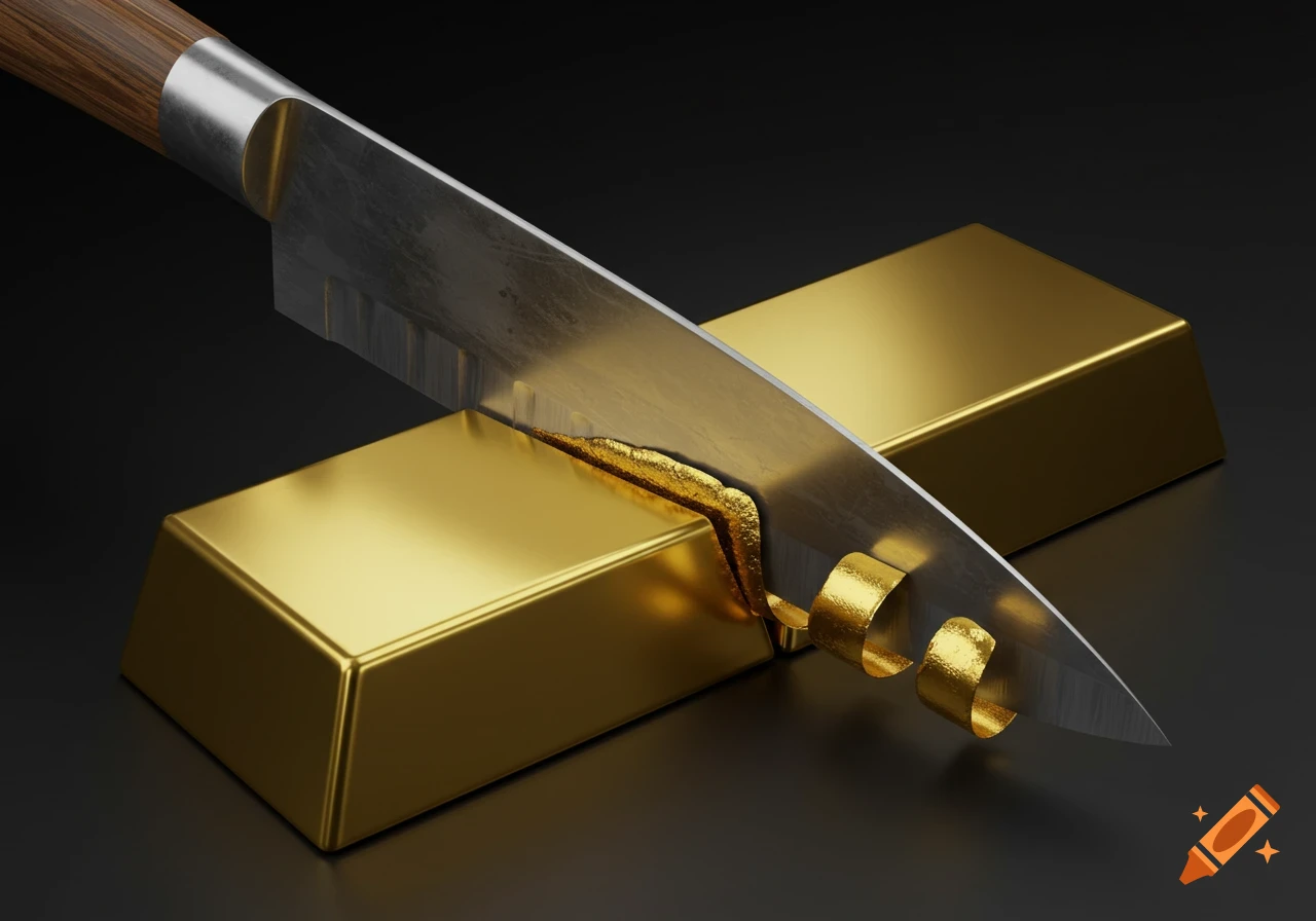 A photorealistic close-up of a knife cutting into a gleaming gold bar, creating curling gold shavings.