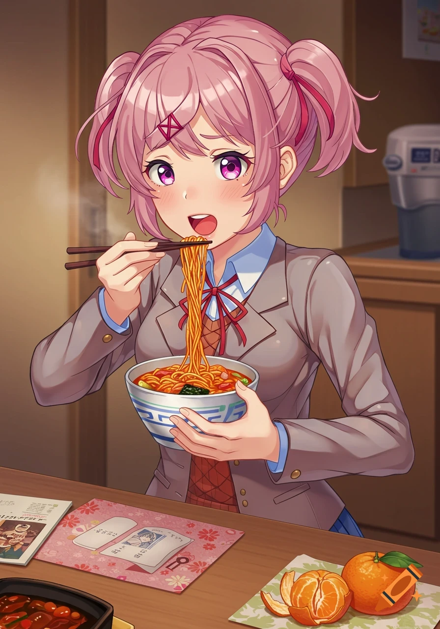 Pink-haired anime girl Natsuki happily eating ramen noodles with chopsticks at a table, in an anime art style.