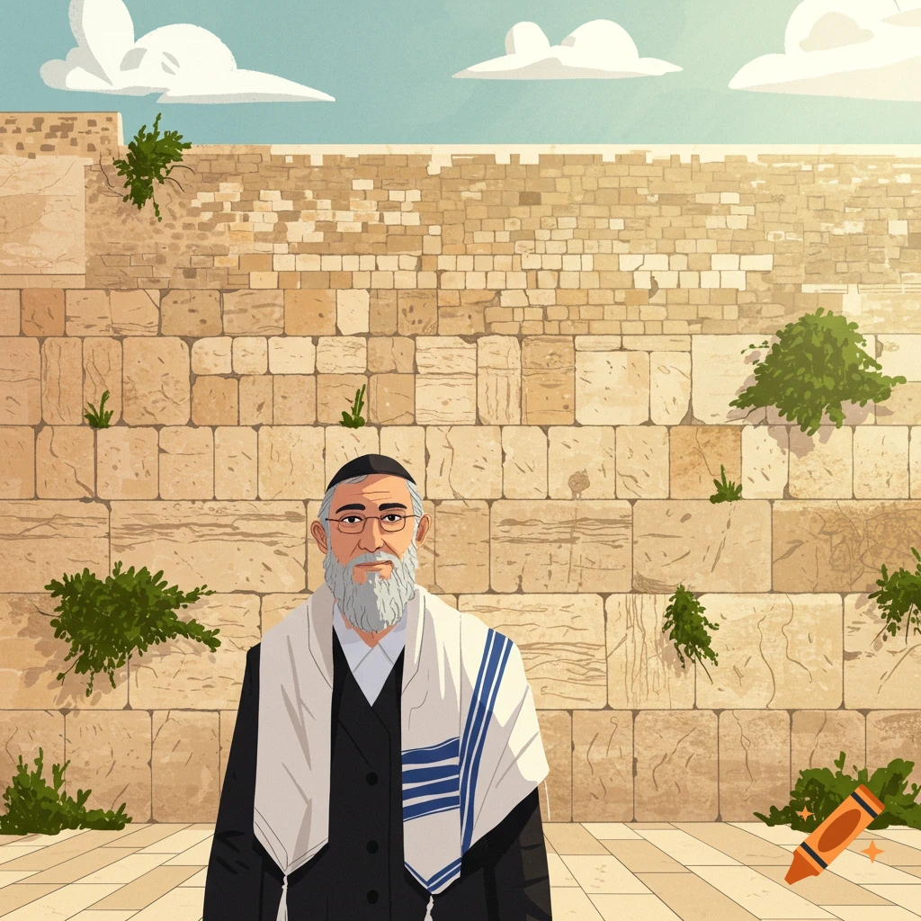 An illustration of an elderly Jewish man wearing a tallit and kippah, standing in front of the Western Wall.