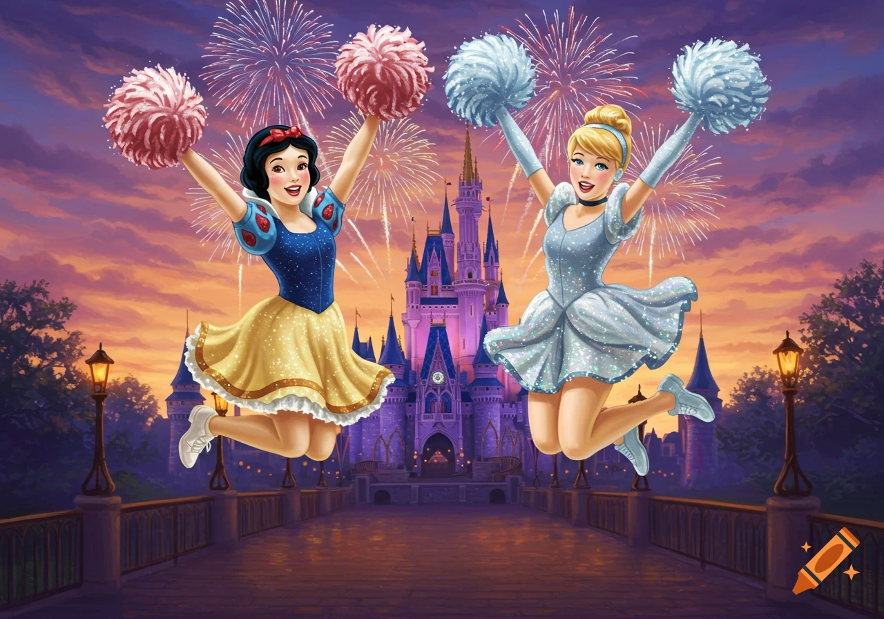 Snow White and Cinderella in cheerleader outfits jump with pom-poms before a Disney castle and fireworks at sunset.